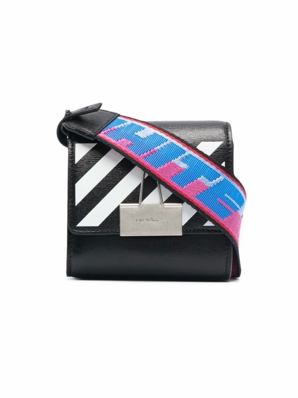 Off-White Black Leather Messenger Bag with Pink & Blue Strap
